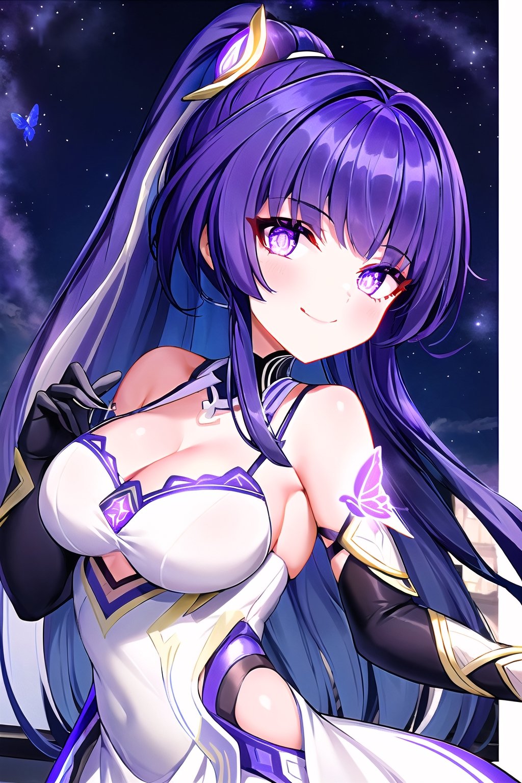 1girl, solo, long hair, breasts, looking at viewer, smile, bangs, hair ornament, gloves, dress, bare shoulders, closed mouth, purple eyes, ponytail, purple hair, sky, black gloves, white dress, night, bug, butterfly, star \(sky\), night sky, raiden mei