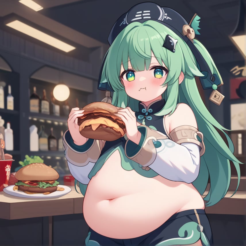 ((score_9)), ((score_8_up)), (score_7_up), extremely_vivid_colors:0.5, extremely_low_light_ratio, extremely_detail, source_anime, explicit, 1girl, green_hair, BREAK
1girl, (HuoHuo:1.05), eating_hamburger, (obese), extremely_short, green_hair, long_hair, detail_eyes, green_eyes:0.2, detached_sleeves:0.1, detached_clothes:0.1, chinese_clothes:0.1, black_hat:0.1, hair_ornament:0.1, shorts:0.1, huge_belly, navel, standing, source_anime, explicit, blush, anime_screencap, solo, ears_down, animal_ears:0.5, fat, restaurant, fastfood, holding:0.1, cowboy_shot:0.1, 