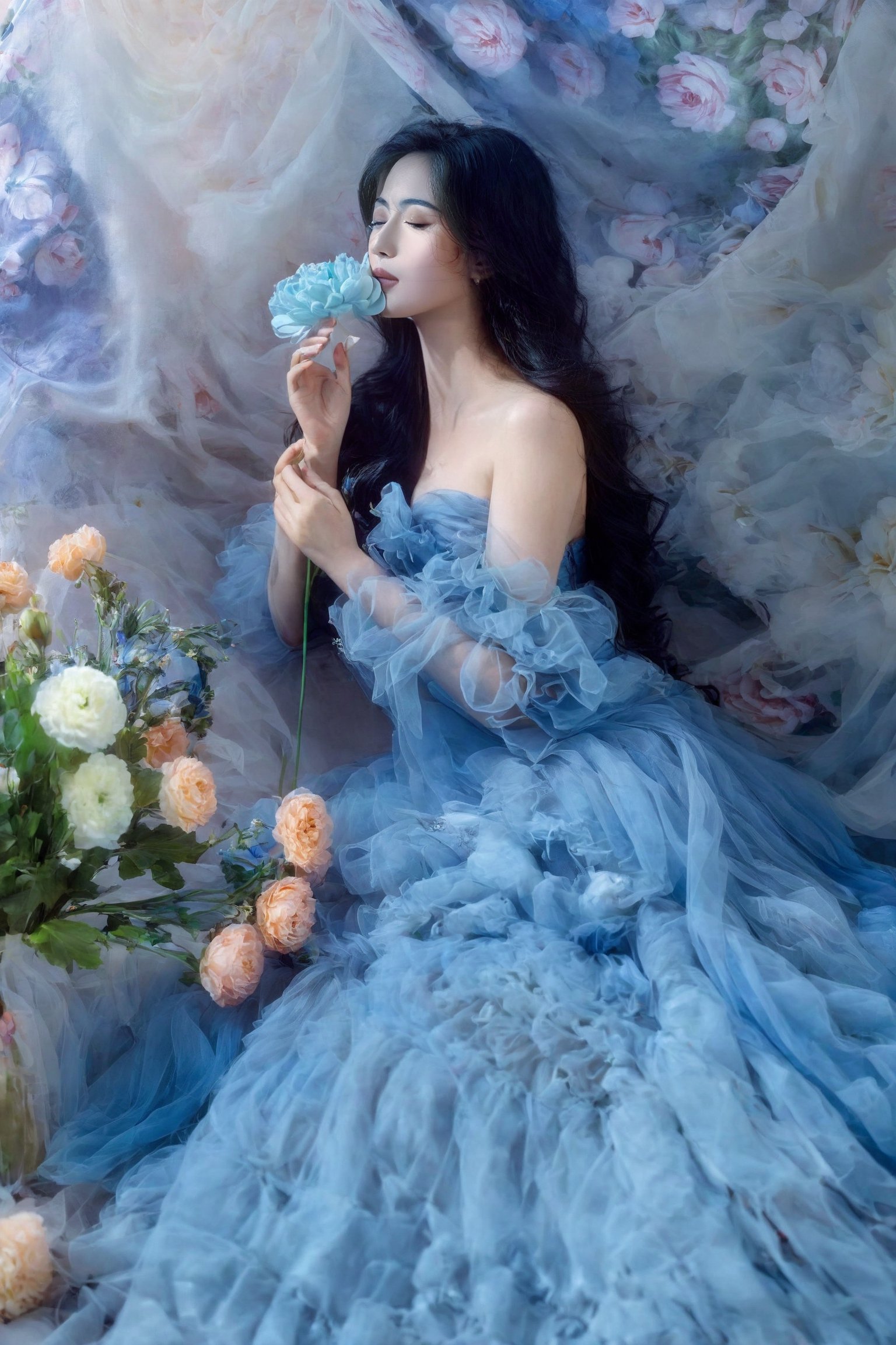 1girl, solo, long hair, black hair, dress, sitting, closed eyes, flower, surreal, blue dress 