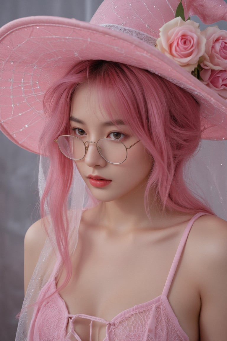 korean women, The woman is wearing round glasses with thin metal frames, oil painting impasto pink female witch portrait beauty pretty soft dewy glow skin sparkle highlighter pink haired youthful witch web witch feminine retro vintage antique spiderwebs on her pointed pink witchhat wearing a spiderweb pink corset ribbon laced up, with dewdrops on a pink roses with spiderwebs with dewdrops on the webs halloween spiderwebs spider-web hd highres 4k 8k coquette aesthetic