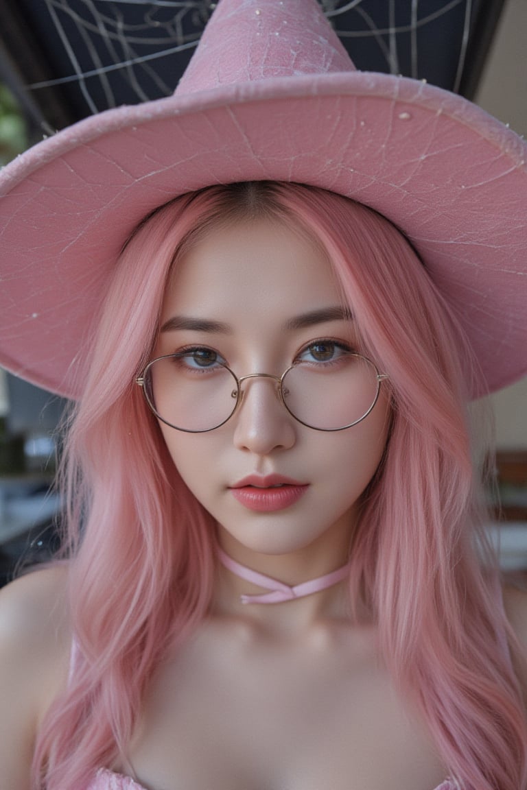 korean women, The woman is wearing round glasses with thin metal frames, oil painting impasto pink female witch portrait beauty pretty soft dewy glow skin sparkle highlighter pink haired youthful witch web witch feminine retro vintage antique spiderwebs on her pointed pink witchhat wearing a spiderweb pink corset ribbon laced up, with dewdrops on a pink roses with spiderwebs with dewdrops on the webs halloween spiderwebs spider-web hd highres 4k 8k coquette aesthetic