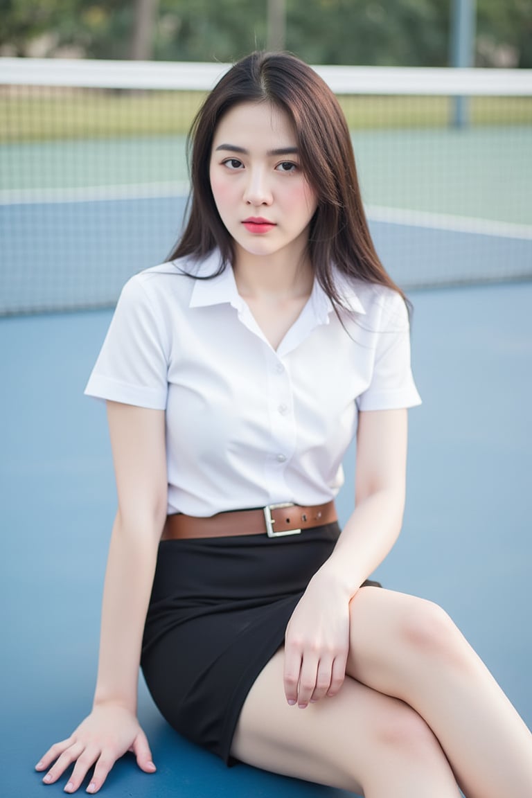 A half-Thai,  half-Korean woman. She wears a fitted white collared shirt and a black A-line skirt with a brown belt,  blen...