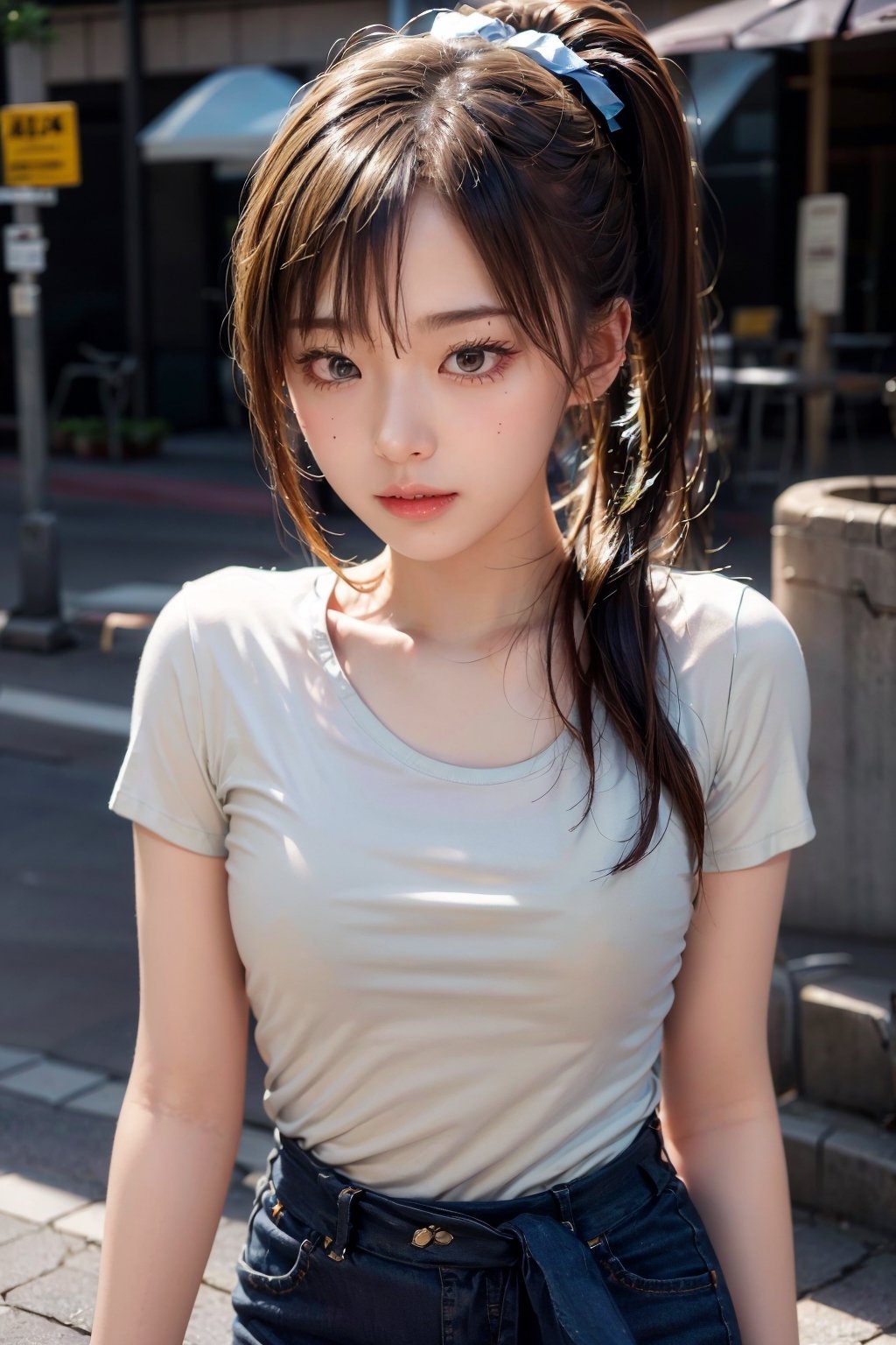 masterpiece, best quality, 1girl, solo,  ponytail, t-shirt, head to waist bodyshot, happy, outdoors, street, lamppost, hair bow, (pretty girl:1.2), realistic, raw photo, low key, illustration, small eyes, (yellow brown hair:1.3),photorealistic, 21 years old female, ,HKFace