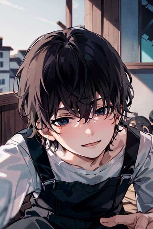 masterpiece, anime style, illustrated logo, medium short shot. emote of a serious boy with bright light blue eyes and black hair falling messily in his face wearing a black overalls, landscape in an abandoned house.