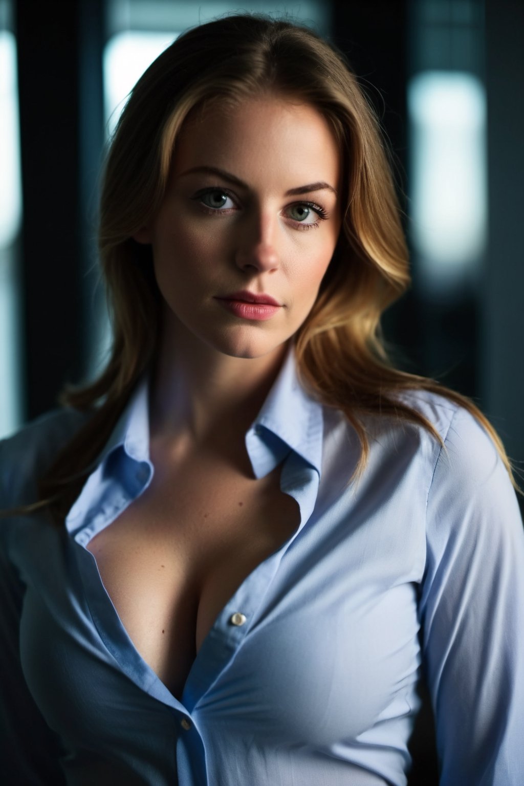 Office girl with huge boobs,  wearing an open button-up shirt,  displaying cleavage. Showcasing her curves with a Canon EO...