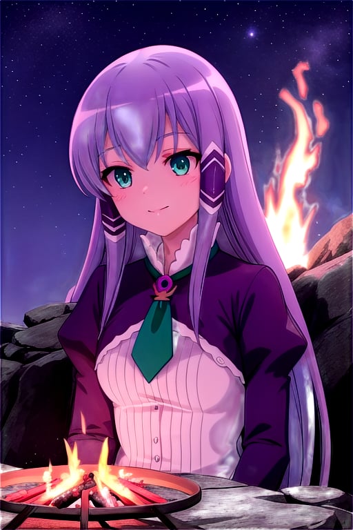 Elze with purple hair and emerald eyes sitting by a bonfire on the beach at night, surrounded by friends. The soft glow of the fire lights up her face as she smiles and enjoys the peaceful night under a starry sky.