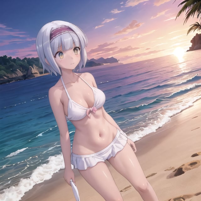 Masterpiece. UHD, 8K, anime style, Linze walking along the beach at sunset. The sky is painted with warm hues of orange and pink as the sun dips below the horizon. Her short hair gently sways in the breeze, and she's wearing a simple yet elegant bikini that complements her figure. Her large bust and curvy figure are highlighted as she walks barefoot on the sand, with the soft waves brushing against her feet. A peaceful, serene expression on her face as the glowing sunlight reflects off her skin."