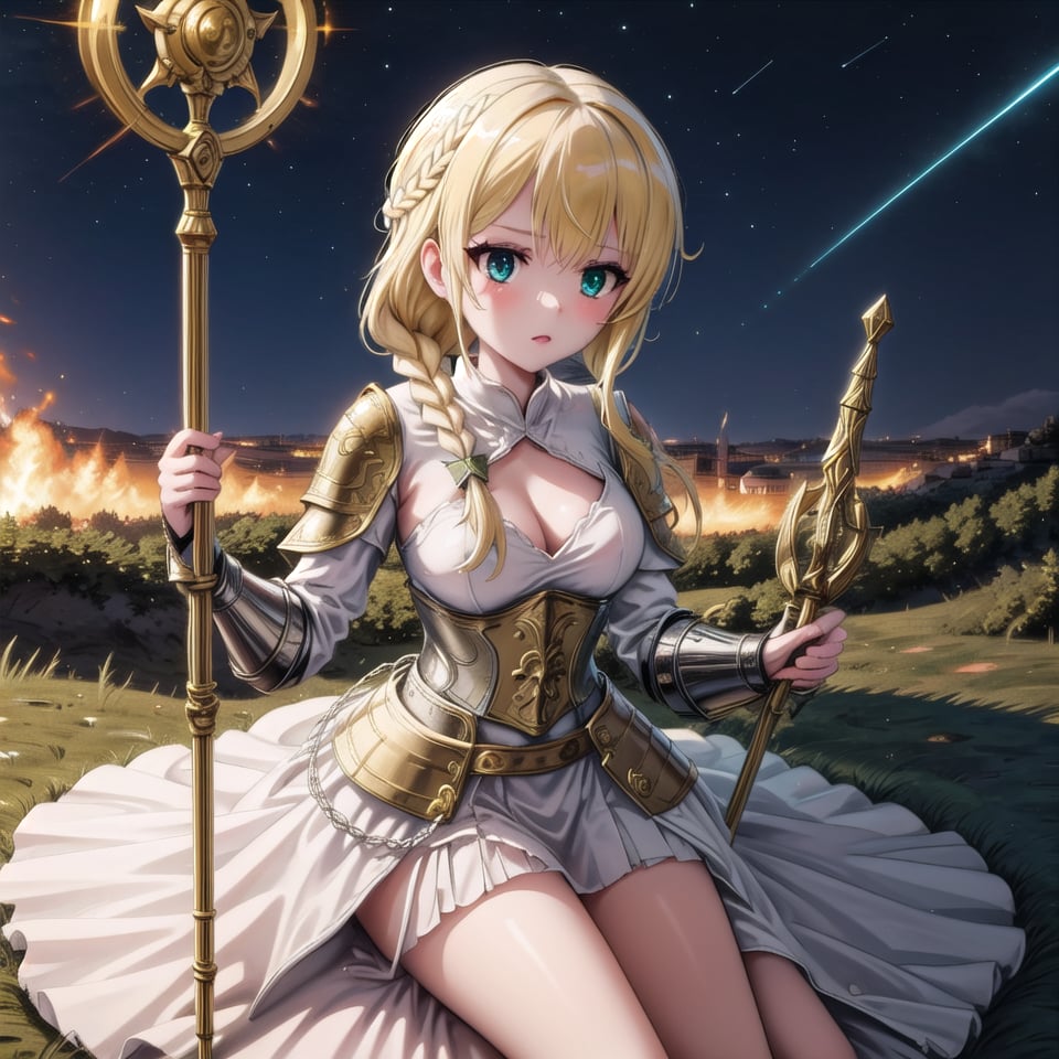 Yumina in a medieval battlefield, dressed in a silver and white armored outfit. She holds a glowing staff in one hand, her blonde hair braided and tied back with a light blue ribbon. Her heterochromic eyes (one blue, one green) shine with determination as she casts a powerful spell. Lightning crackles around her staff, and the ground beneath her glows with magical runes. The environment is dark and chaotic, with debris flying through the air and smoke rising from the battlefield. Her armor reflects the light from the spells and the burning flames around her.
