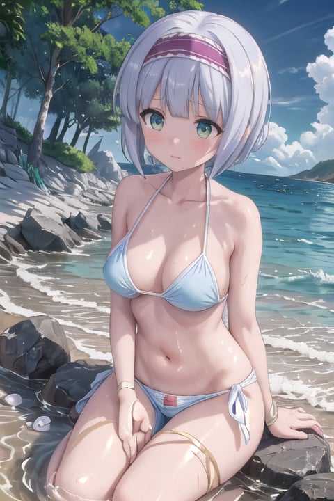 Masterpiece. UHD, 8K, anime style, Linze bending down to collect seashells along the shoreline, her bikini fitting snugly against her form. The gentle waves roll in, barely touching her feet as she carefully selects the shells. Her short hair falls slightly into her face, which shows a focused, almost childlike curiosity as she examines the colorful finds. The warm glow of the sun enhances the scene, giving a cozy and tranquil vibe.