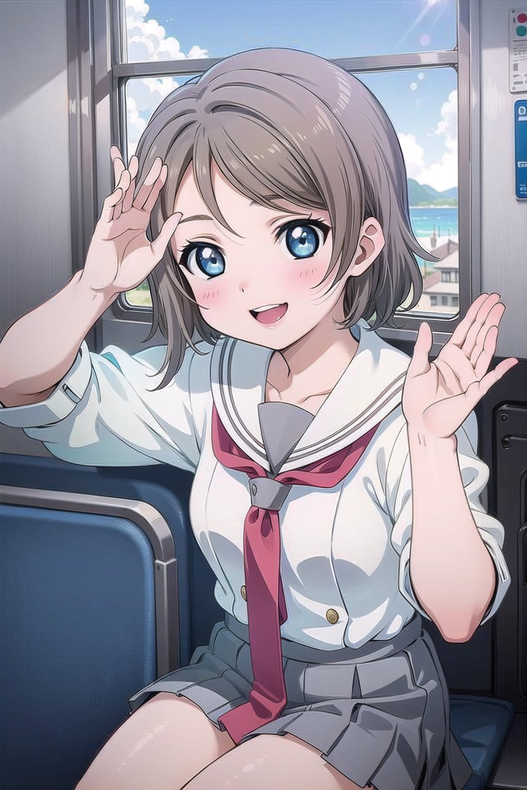 (masterpiece:1.3),best quality, (sharp quality),you watanabe,Short hair, school uniform, red tie,blue eyes,Inside a bus, a window, a window seat, blue sky, blue sea, a girl staring at the sea,Sitting on a seat, Back seat of the bus,waving,the best smile