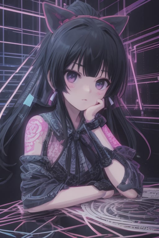 anime Style,1 girl, sitting, looking at viewer, long black hair, purple eyes, background highlighting bright neon blue and red backlight colors, highly detailed, ct-identity, legacy tron ​​style, bright style, Midjourney_Whisper, TattooMale, uvtattoo, FluxGothicRealnime, colorful lights, neon lights, bright eyes, 4k, masterpiece