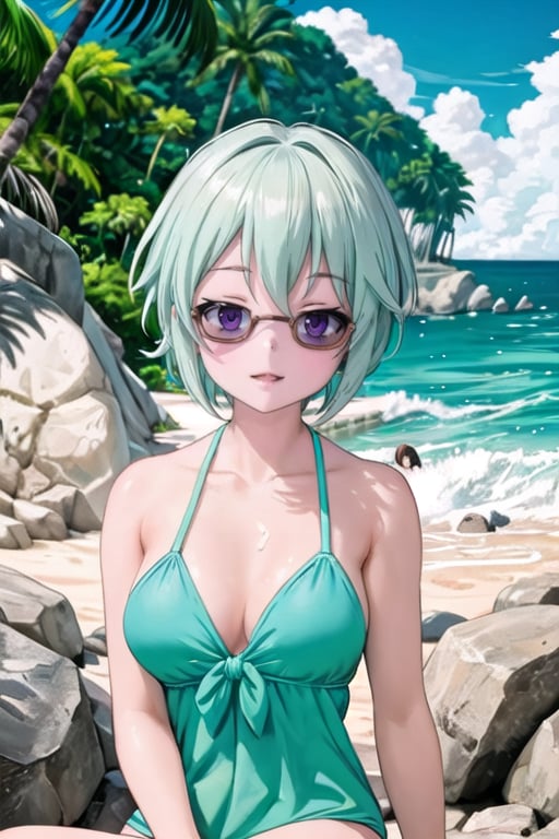 Lucia,Masterpiece. UHD, 8K, anime style, Lucia sitting on a beach towel, relaxing under the sun. She has short hair with two long strands falling in front of her shoulders, wearing a light blue bikini. Sunlight reflects on her fair skin, her eyes closed as she enjoys the warmth, with a peaceful expression on her face. Palm trees in the background, golden sand beneath her, waves gently crashing in the distance, sunglasses by her side. Ocean breeze lifting a few strands of her hair, vibrant and detailed background.