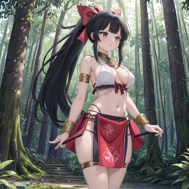 Yae, Masterpiece. UHD, 8K, Yae wearing a traditional tribal outfit, consisting of a beautifully embroidered top and a long skirt with intricate patterns. She wears her signature red bow, tying her long black hair in a ponytail. She stands confidently in a forest setting, surrounded by tall trees and sunlight filtering through the leaves. Her tribal outfit includes leather sandals and accessories made of natural materials, emphasizing her connection to the earth."