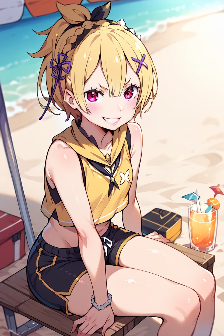 , re:zero, felt, blonde hair, red eyes, shorts, sleeveless shirt, beach, lacing viewer, smirk, sitting, depth of field, (score_9,score_8_up,score_7_up)