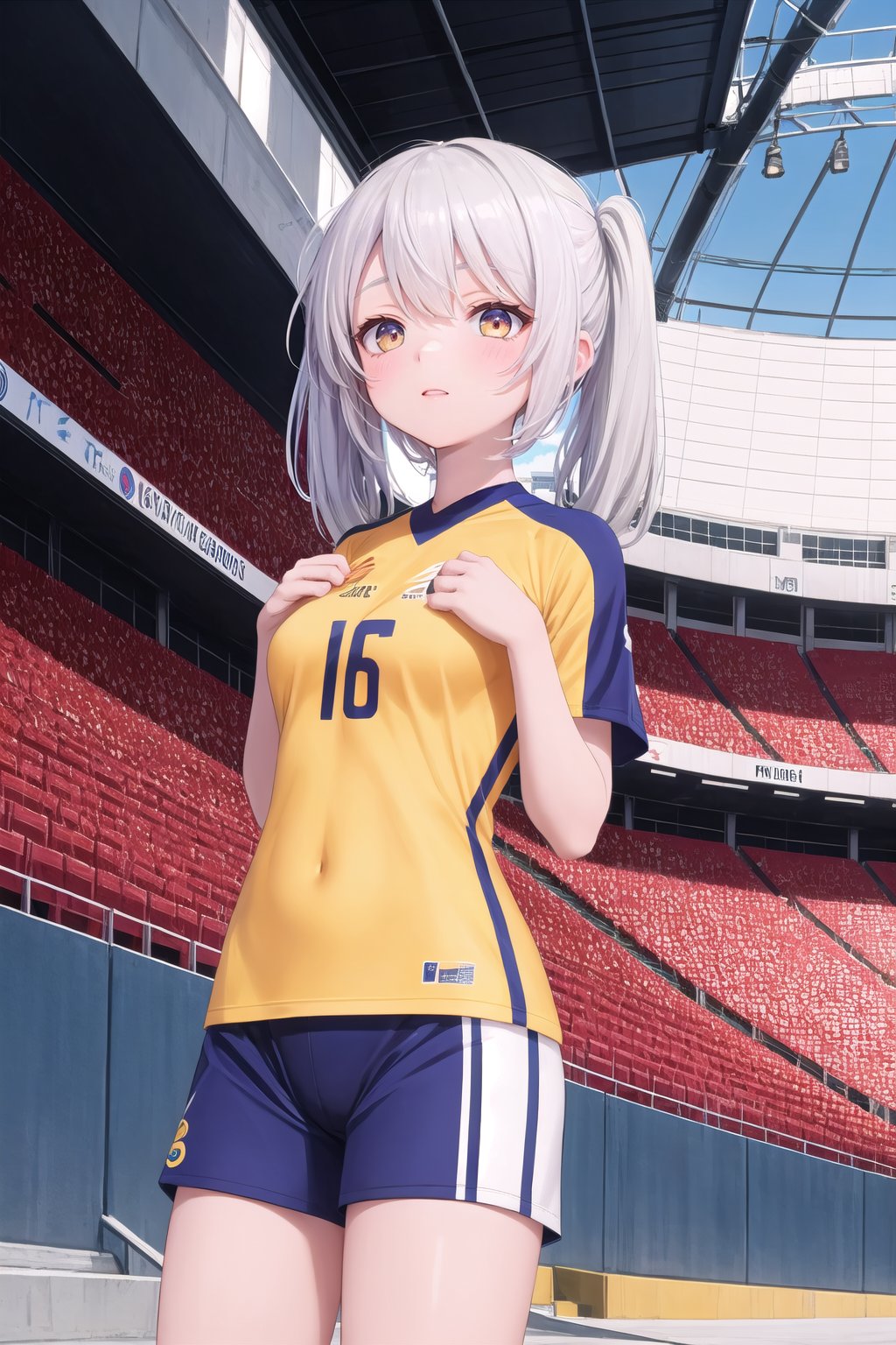 Masterpiece. UHD, 8K, 1 woman, solo, long white hair tied in twin tails, golden eyes, wearing the yellow Colombia national football team jersey, blue shorts, standing with a soft smile, holding a soccer ball in one hand, her long hair flowing gently, outdoors, bright sunlight, stadium background, vibrant and energetic atmosphere, acrylic painting.