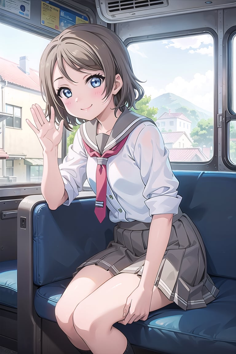 (masterpiece:1.3),best quality, (sharp quality),you watanabe,Short hair, school uniform, red tie,blue eyes,Inside a bus, a window, a window seat, blue sky, blue sea, a girl staring at the sea,Sitting on a seat, Back seat of the bus,waving,the best smile