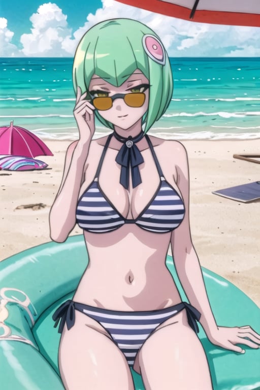 Francesca,Masterpiece. UHD, 8K, 1 gynoid, solo, short jade-green hair, white skin, golden eyes, reclining on a lounge chair under a striped beach umbrella, wearing a cute black bikini with a pinkish ribbon tied around her neck, holding a cold drink in one hand, sunglasses perched on her head, beach towel beneath her, ocean waves visible in the distance, gentle breeze rustling her short hair, relaxed expression, high detail, photorealistic.