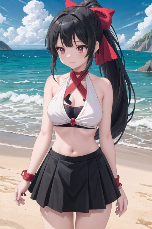 Yae,Masterpiece, highly detailed anime-style image of Yae, a slender and busty character with long black hair tied in a ponytail with a red ribbon. Yae is casually holding a smartphone to her ear, standing on a beach with a clear blue sky and calm ocean waves in the background. She is wearing a light summer outfit, possibly a casual top and skirt. The breeze gently moves her hair as she smiles softly while speaking on the phone. The lighting is bright and warm, with the sun casting soft shadows, and the background captures a peaceful, sunny beach scene. UHD, 8K."