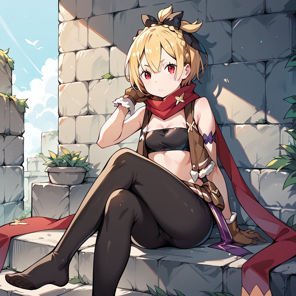 , felt, blonde hair, red eyes, gloves, red scarf, bandeau, black leggings, brown gloves, hair bow, sitting, stone wall. legs crossed, facing viewer, re:zero, (score_9,score_8_up,score_7_up)