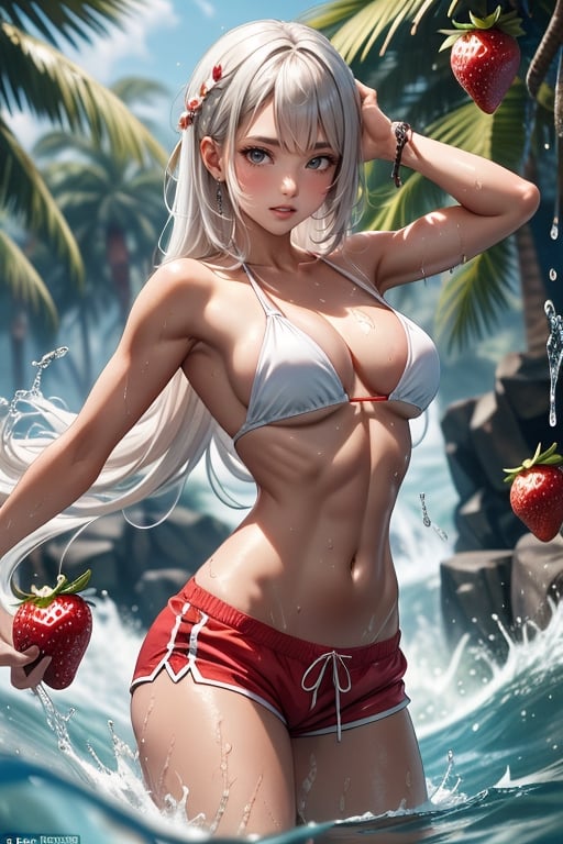 a youthful character with eye-catching red and white hair and a toned physique poses playfully amidst splashing waters, winking and tugging at the strap of his red swim shorts, while numerous strawberries are dynamically suspended around him, enhancing the refreshing and whimsical summer atmosphere.