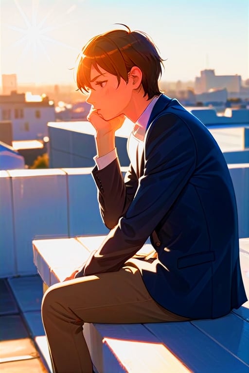 a young man sits outdoors, possibly on a rooftop, leaning forward with his arms resting on his knees. He wears a dark blazer over a white ribbed sweater, exuding a thoughtful or introspective mood. The photograph captures a soft, natural light and displays a subtle lens flare, adding an artistic touch to the serene moment.