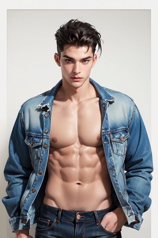 a young man with an edgy, fashionable look poses confidently, his denim jacket slipping off his shoulders to reveal a well-toned torso, set against a background filled with the repeated word "war" in bold, stylized font.