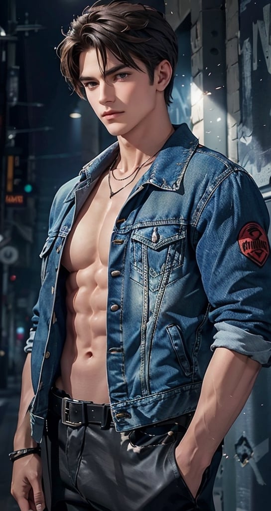 a young man with an edgy, fashionable look poses confidently, his denim jacket slipping off his shoulders to reveal a well-toned torso, set against a background filled with the repeated word "war" in bold, stylized font.