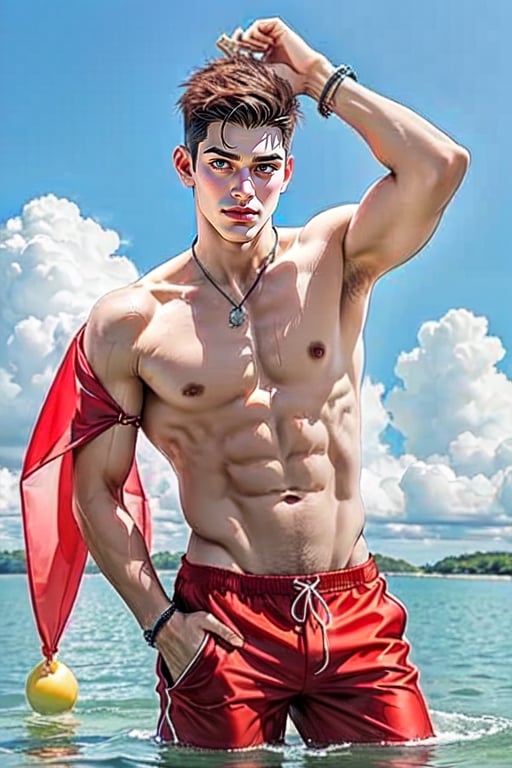 a youthful character with eye-catching red and white hair and a toned physique poses playfully amidst splashing waters, winking and tugging at the strap of his red swim shorts, while numerous strawberries are dynamically suspended around him, enhancing the refreshing and whimsical summer atmosphere.