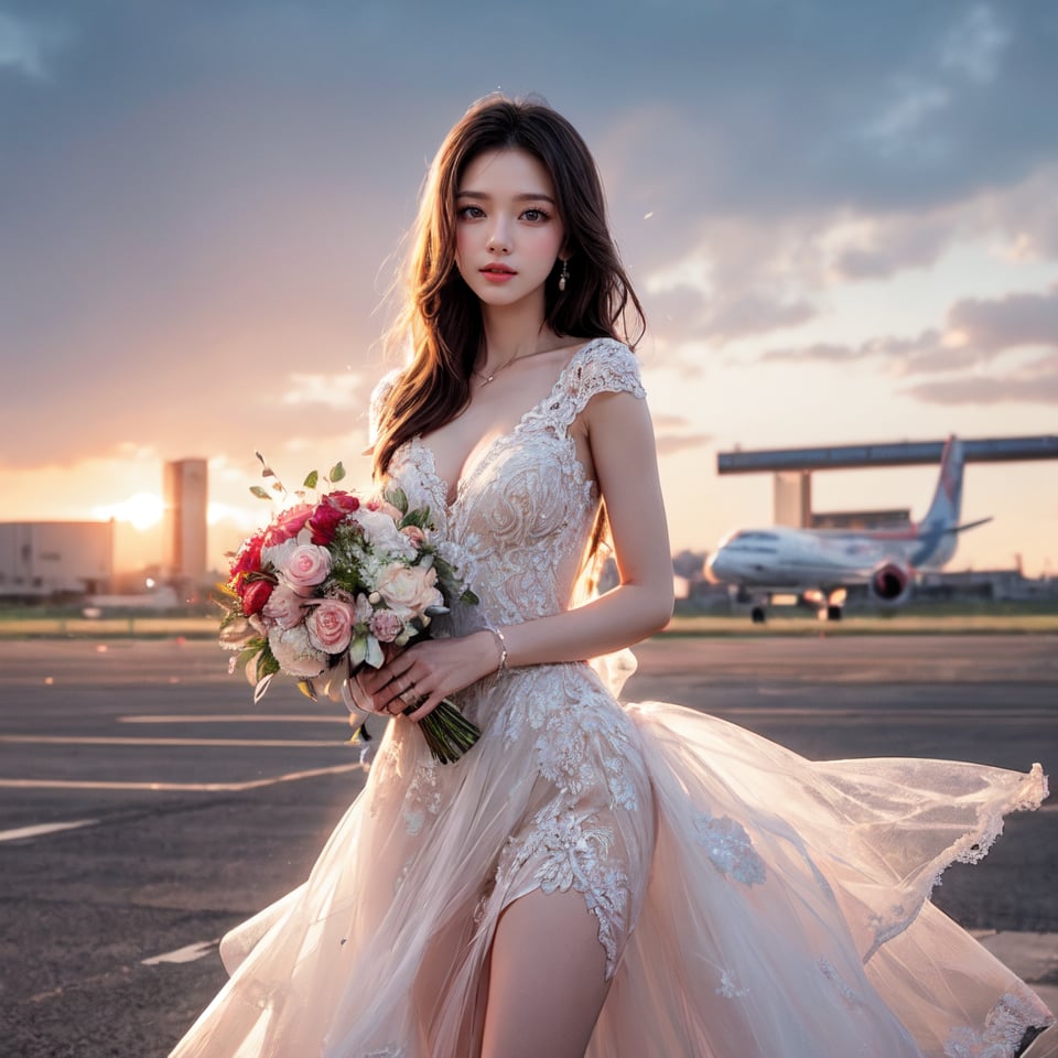 1 girl, wearing an exquisite low-cut pink lace wedding dress with medium bust, holding a bouquet of red roses. She stood on the airport runway, facing the audience, with a large passenger plane flying low overhead. The background shows a city skyline at sunset, casting a warm glow over the entire scene. The runway stretched to the horizon, and another plane could be seen in the distance. The overall atmosphere combines elegance with surreal elements, an effect created by the juxtaposition of formal attire and the airport backdrop.