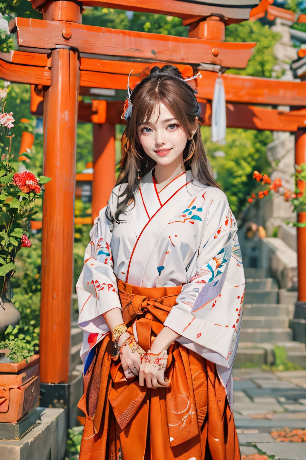 This image seems to be a realistic photograph featuring vibrant colors and intricate details. It appears to depict a young woman dressed in traditional Japanese attire, possibly a miko outfit, consisting of a white kimono top and red pleated skirt. The background includes red torii gates adorned with green foliage and traditional hanging decorations, suggesting a shrine setting. The composition captures the subject standing in front of the gates, smiling gently, with stairs and a lush, natural environment behind her, adding depth and cultural context to the image.