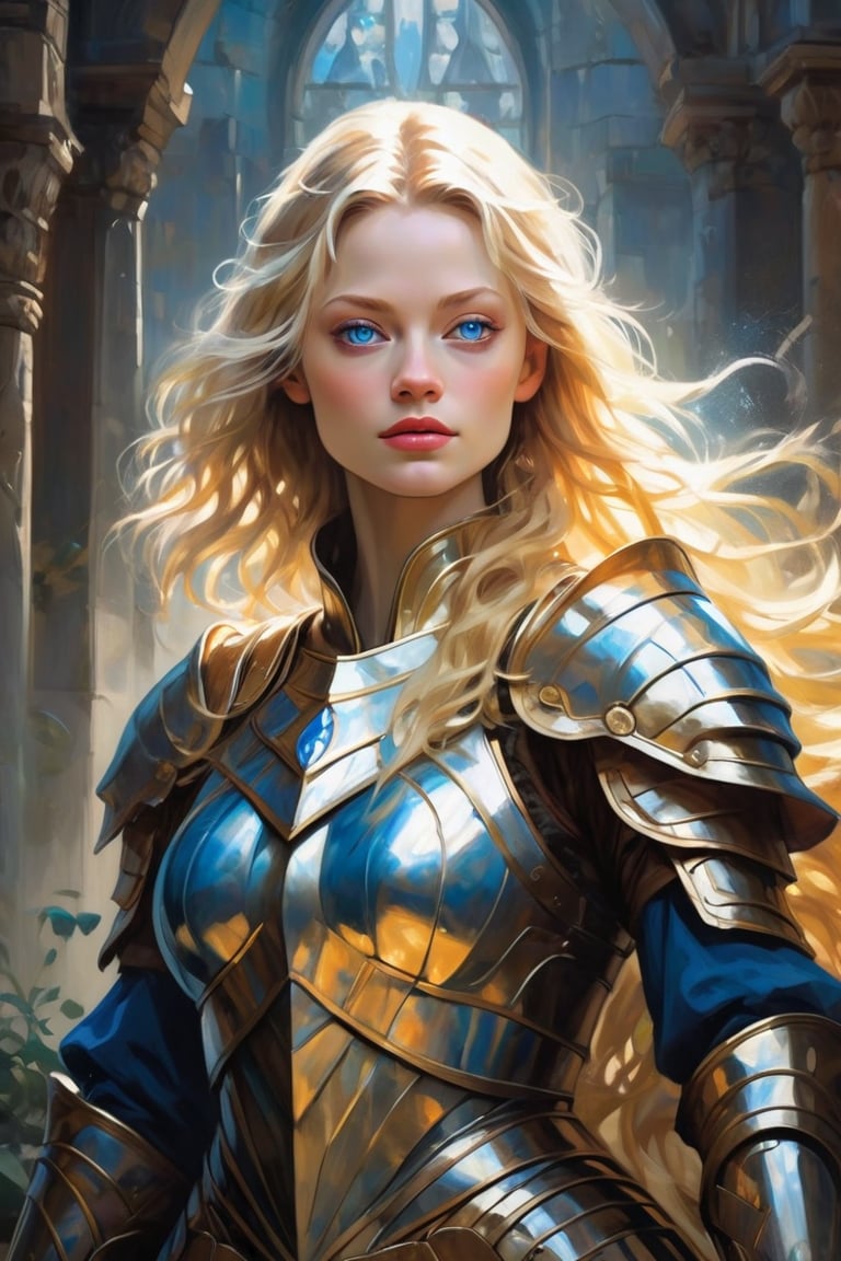 (Fullbody),  Within the crumbling ruins of a once noble kingdom,  a radiant female blonde woman paladin looks like Emilie...