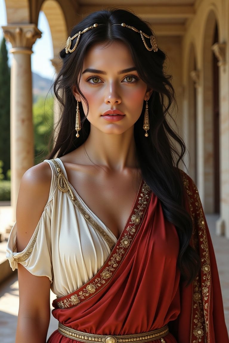 A beautiful Mediterranean woman depicted as an ancient Roman noblewoman,  with perfect facial bone structure,  high cheekb...