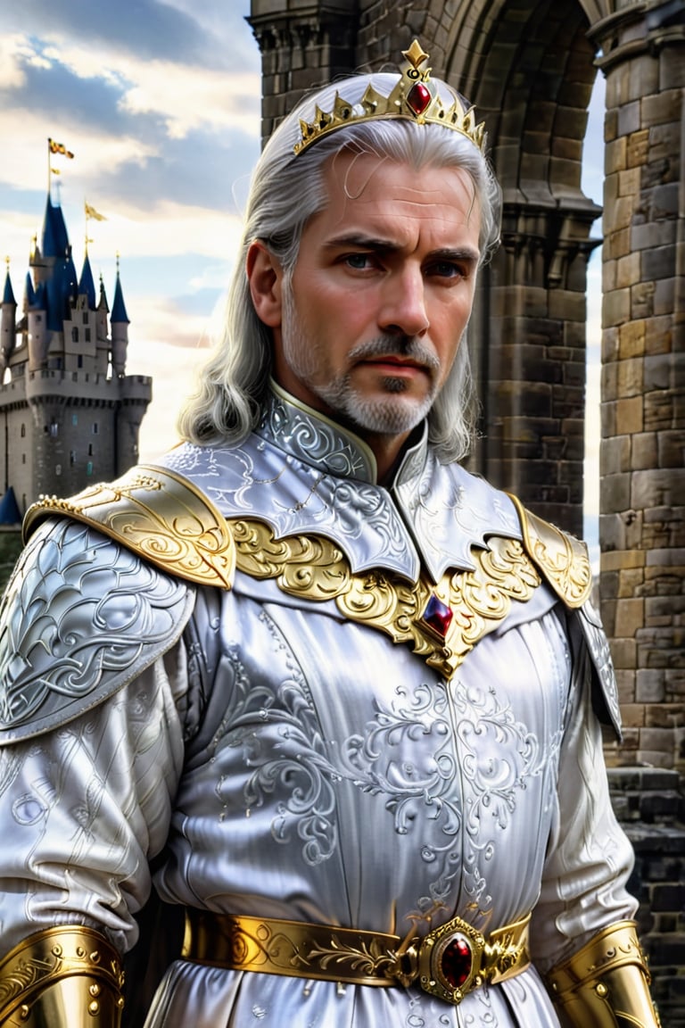 A majestic portrait of a powerful and regal middle-aged king, with white-grey hair and a short beard, adorned in intricate white medieval attire. The king wears a magnificent crown that glimmers with gold and jewels, and his eyes sparkle with wisdom and authority. He stands tall, commanding respect, before a grand castle in the background. The castle is an epic fortress, with towers reaching towards the sky and a drawbridge leading to its entrance. The atmosphere of the scene exudes nobility, strength, and resilience, capturing the essence of a leader who has weathered many storms.