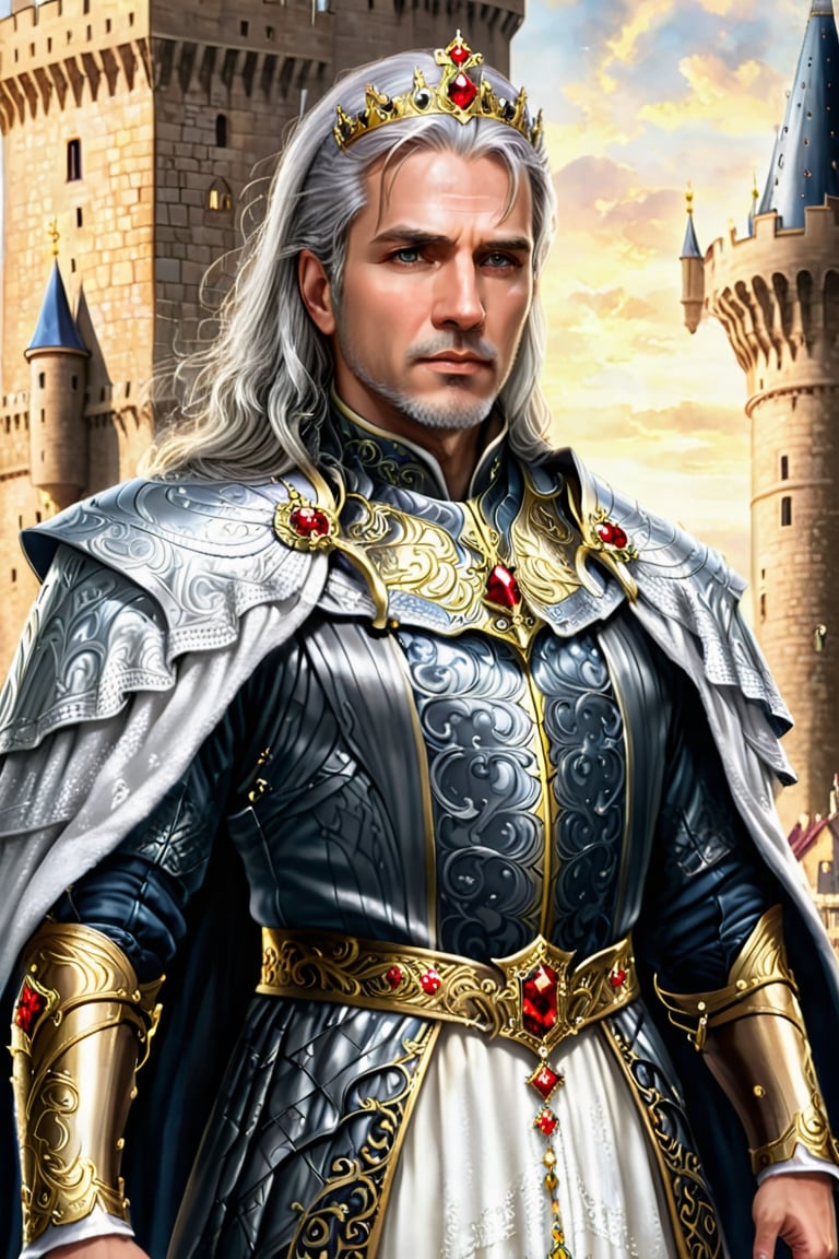 A majestic portrait of a powerful and regal middle-aged king, with white-grey hair and a short beard, adorned in intricate white medieval attire. The king wears a magnificent crown that glimmers with gold and jewels, and his eyes sparkle with wisdom and authority. He stands tall, commanding respect, before a grand castle in the background. The castle is an epic fortress, with towers reaching towards the sky and a drawbridge leading to its entrance. The atmosphere of the scene exudes nobility, strength, and resilience, capturing the essence of a leader who has weathered many storms.