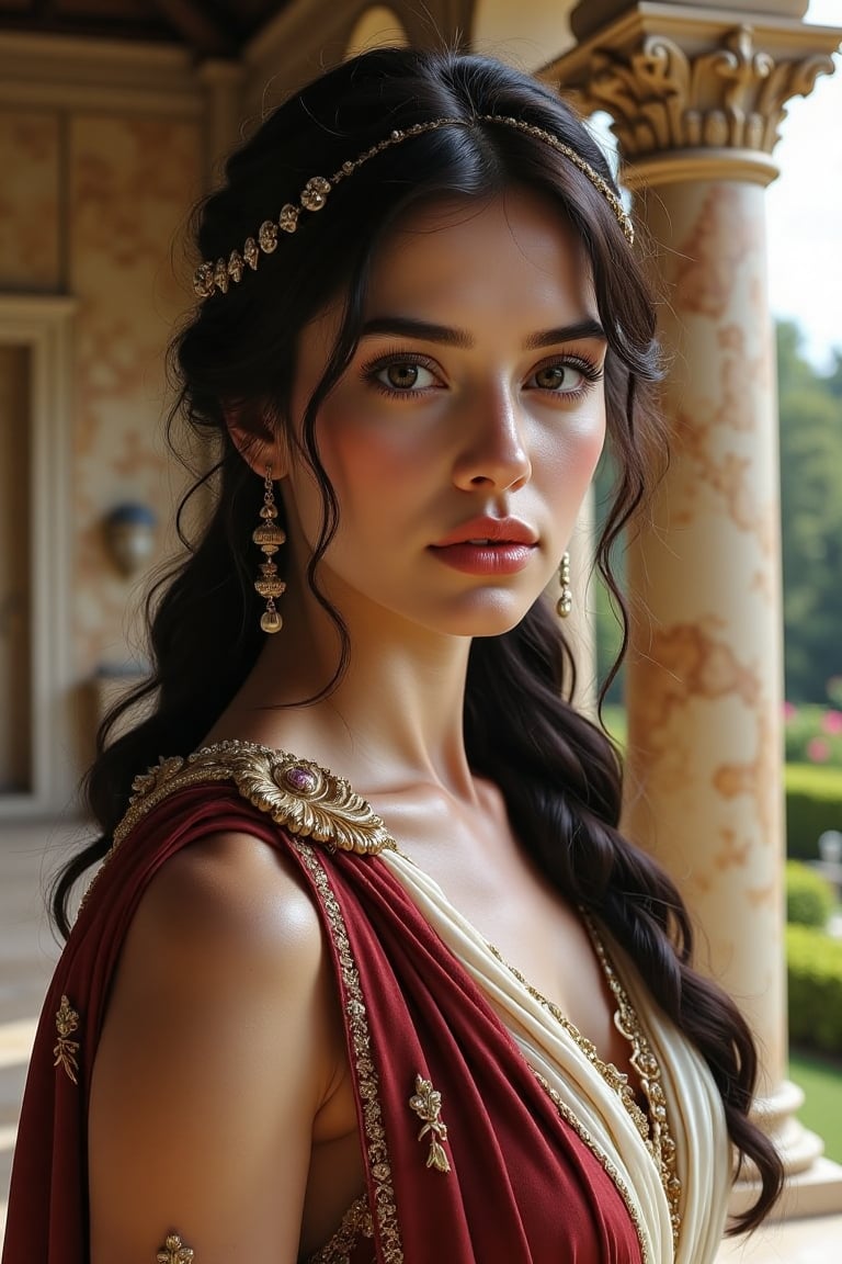 A beautiful Mediterranean woman depicted as an ancient Roman noblewoman,  with perfect facial bone structure,  high cheekb...