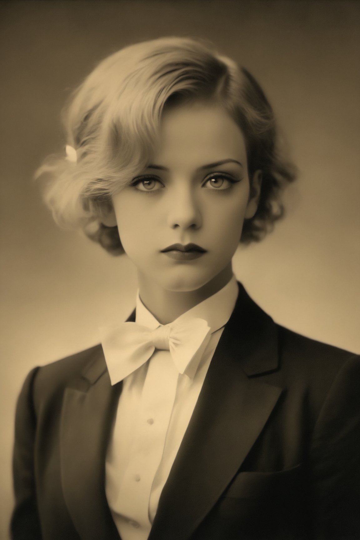 A captivating sepia-toned photograph from the 1930s, featuring a self-assured German blonde woman with a tough, manly appearance and very short hair. She is dressed in a tailored men's black tuxedo suit, buttoned up to the collar, with a white bow tie. The woman exudes an air of strength and determination, her gaze piercing and confident. The background is slightly blurred, giving the photo a vintage and nostalgic feel., photo