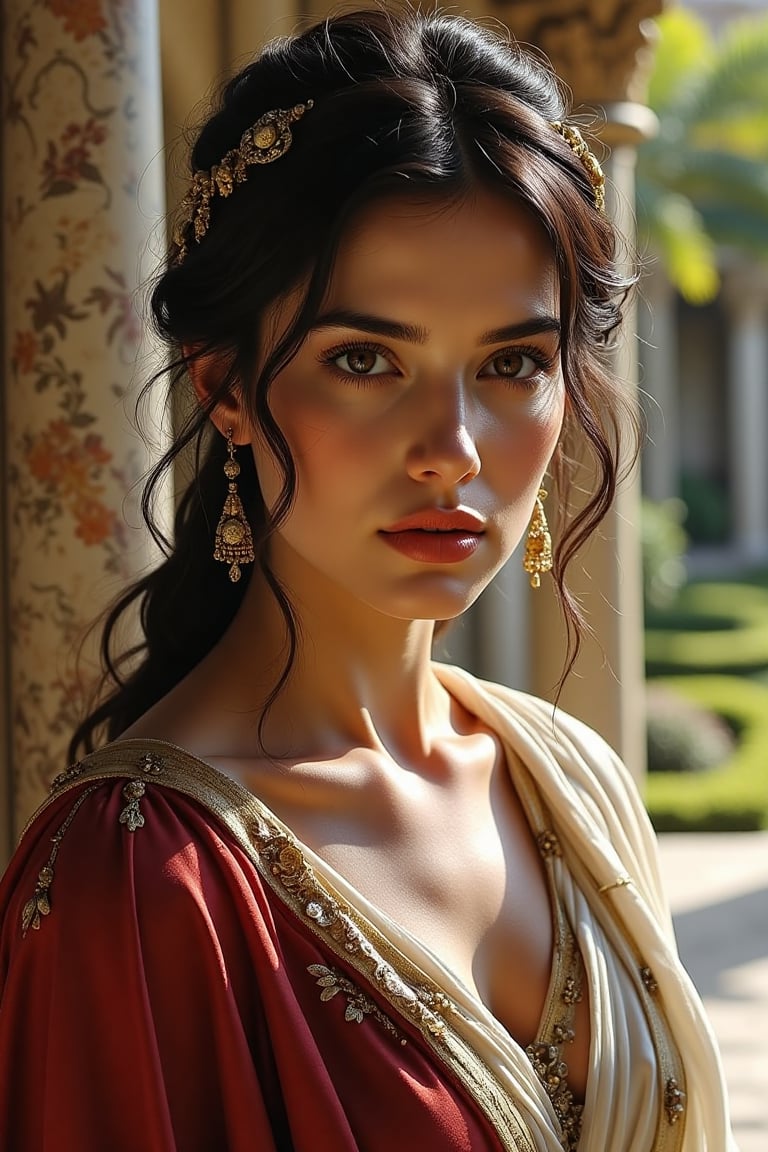 A beautiful Mediterranean woman depicted as an ancient Roman noblewoman,  with perfect facial bone structure,  high cheekb...