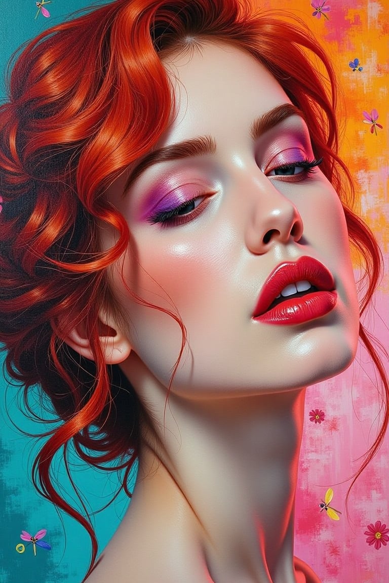 A captivating and vibrant oil painting of a woman with fiery red hair, styled in voluminous curls. Her eyes are gently closed, adorned with rich purple and pink eyeshadow. Her bold, red lips contrast beautifully against her radiant complexion. The backdrop is an abstract, dreamlike blend of turquoise, pink, and orange hues, seamlessly intertwining with the woman's hair and face, symbolizing the perfect harmony between the subject and her surroundings., vibrant, painting
