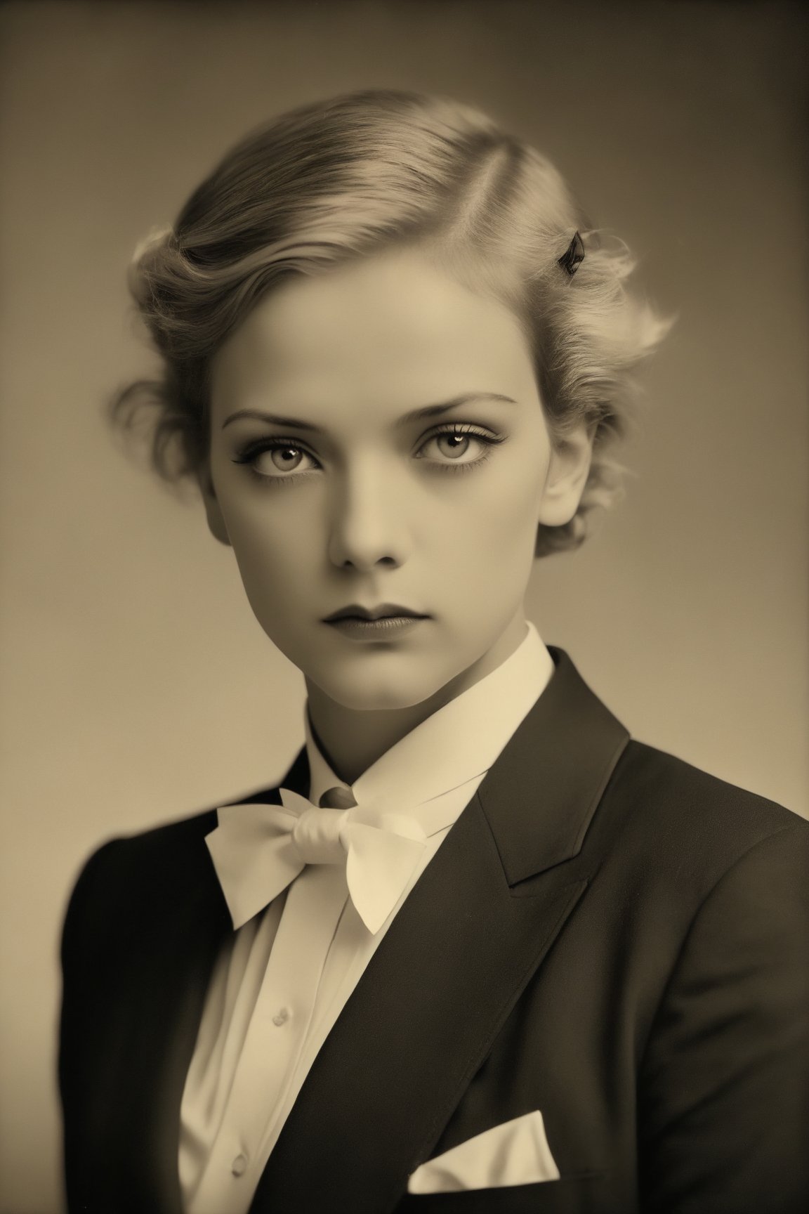 A captivating sepia-toned photograph from the 1930s, featuring a self-assured German blonde woman with a tough, manly appearance and very short hair. She is dressed in a tailored men's black tuxedo suit, buttoned up to the collar, with a white bow tie. The woman exudes an air of strength and determination, her gaze piercing and confident. The background is slightly blurred, giving the photo a vintage and nostalgic feel., photo