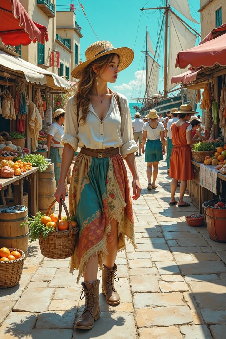 A photo of a lively seaport on market day. A young woman with golden curls and a straw hat is in the center of the scene. She is wearing a patchwork skirt, a loose white blouse, and scuffed boots. She is balancing a basket of fruits. The woman is surrounded by merchants selling fresh fish, vegetables, and handmade goods. The background contains ships with fluttering sails. The sky is a brilliant shade of turquoise. The scene is full of movement and life, with loose, expressive brushstrokes.
