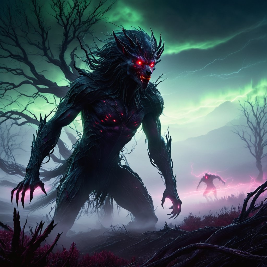 A stunning photorealistic dark fantasy image depicting a skinwalker,  a shape-shifting creature. The skinwalker is shown w...
