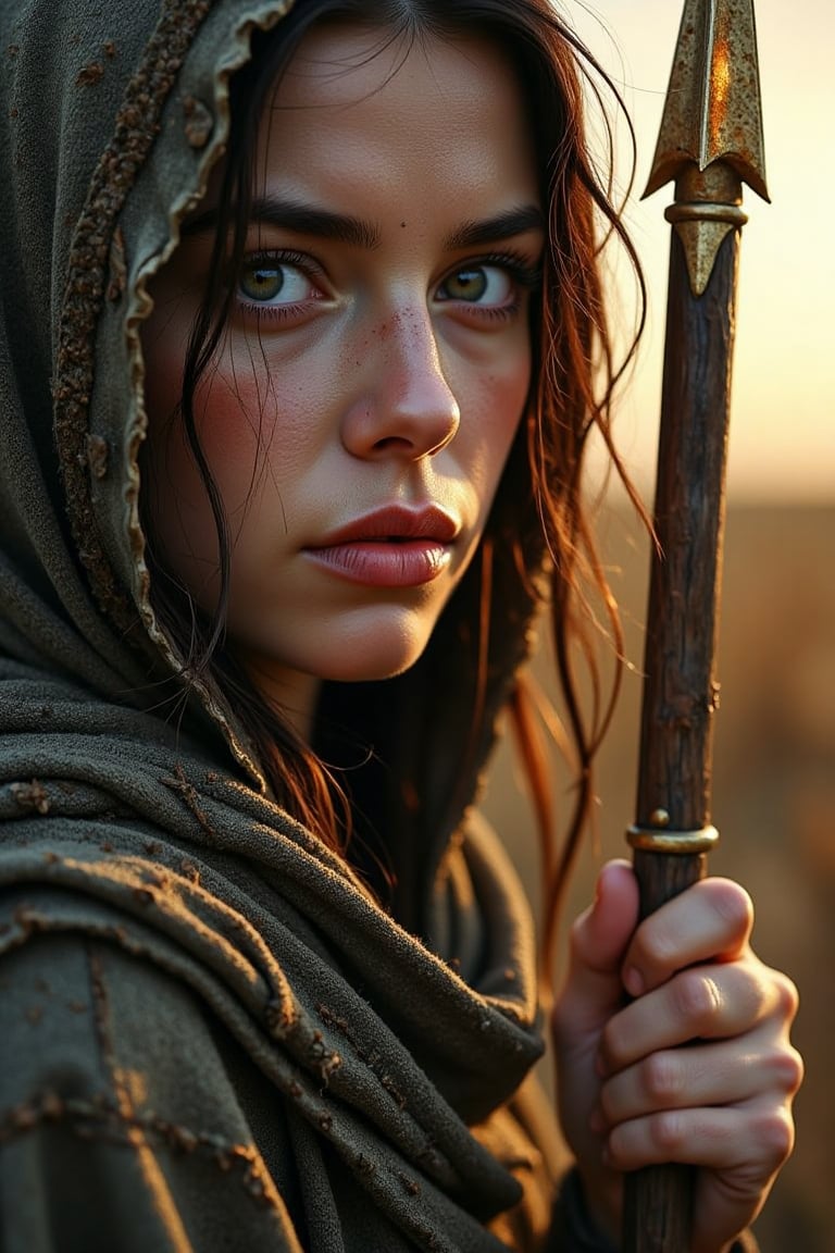 A cinematic photo of a brave young woman wearing a weathered cloak. Her intense eyes are filled with determination as she grips a broken spear with a faintly glowing gold tip. In this close-up shot, her weathered face is framed by strands of windswept hair, and the glow of the setting sun behind her casts an amber hue over her features, highlighting her strength in the desolate wasteland.
