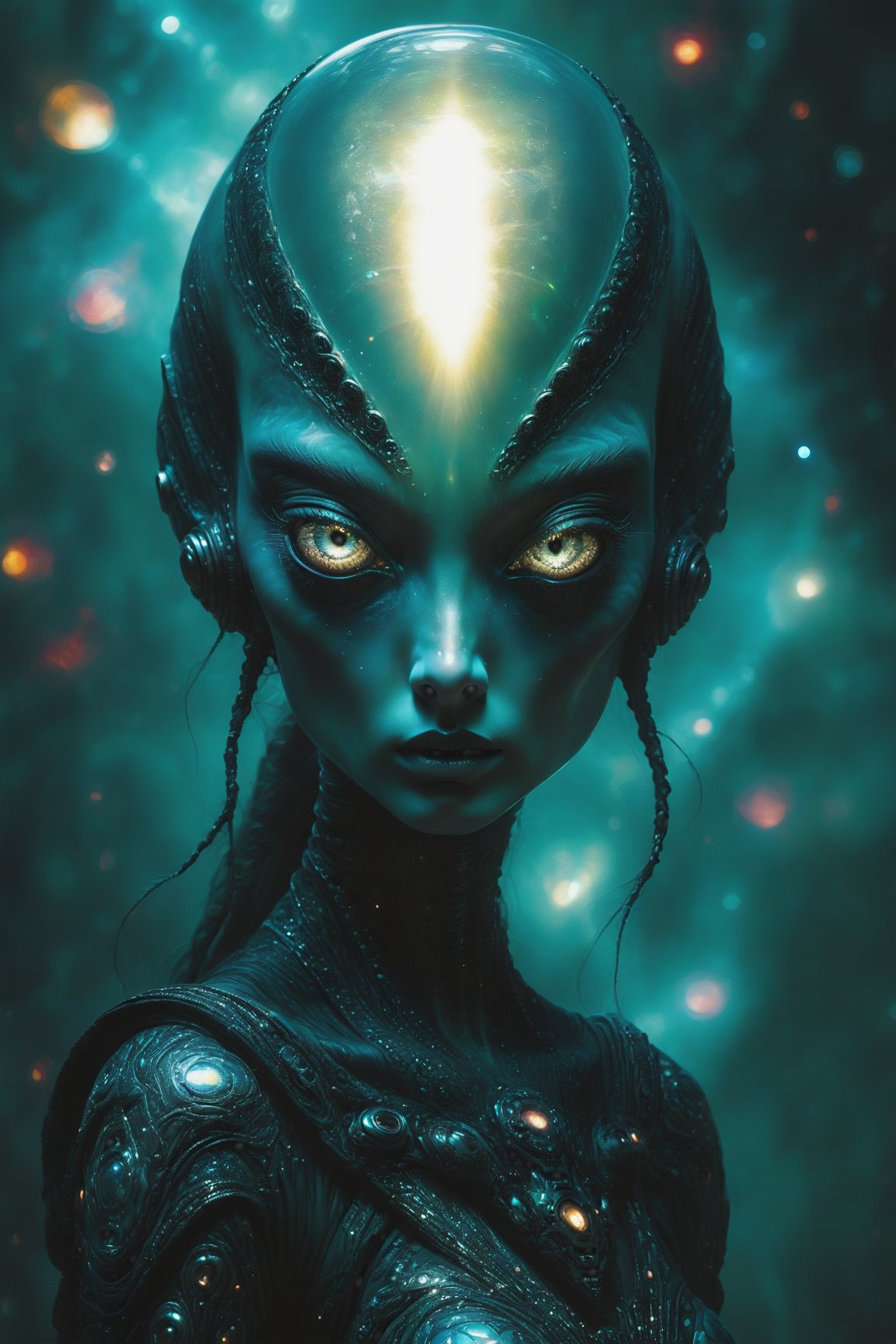 Upper body photo. 1 Girl. Surreal photo of an alien otherworldly being with silver metallic skin,  bright eyes,  and intri...