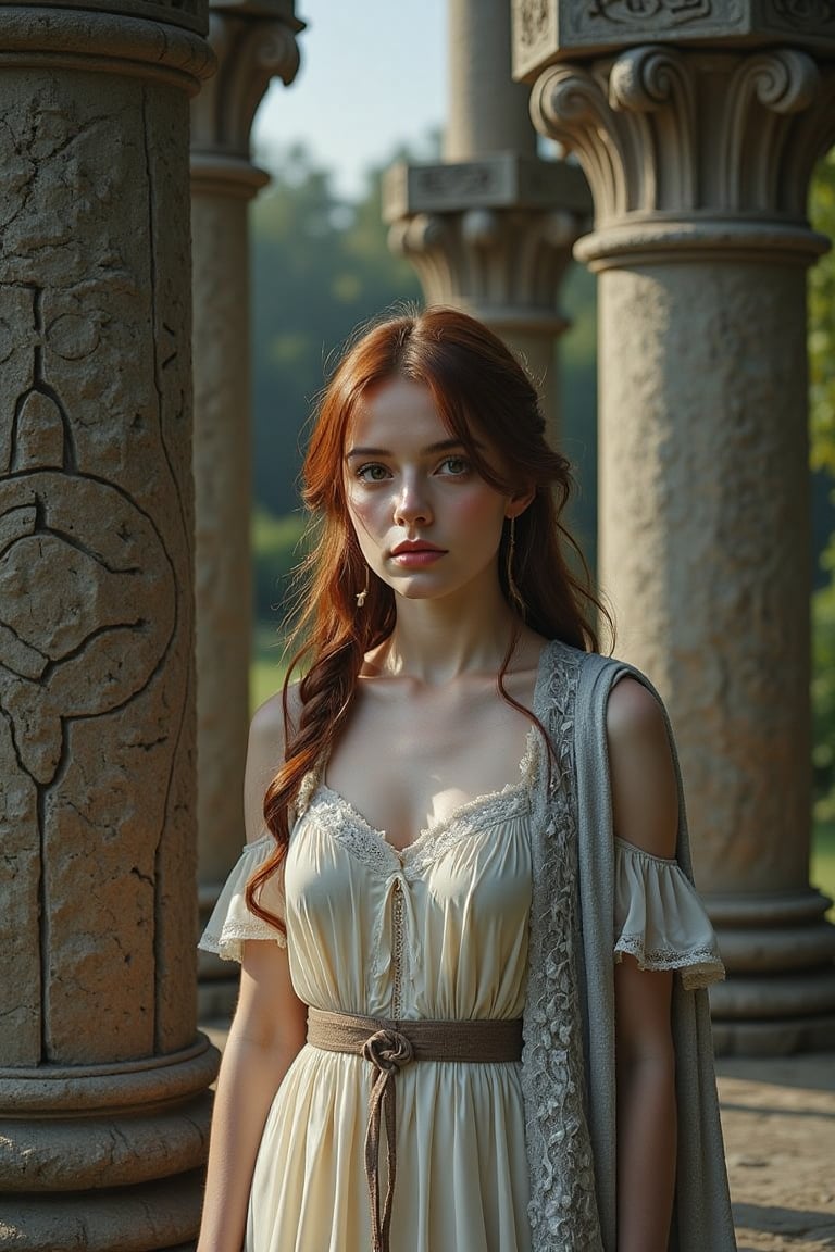 A cinematic photo of a young European woman standing calmly before towering stone pillars inscribed with magical symbols. Her auburn, loosely curled hair falls softly around her shoulders, and her warm hazel eyes hold an air of quiet contemplation. She is dressed in a flowing cream-colored dress with delicate lace details, and a light gray shawl drapes gracefully around her. The moonlight reflects off the ancient stones, casting long shadows in the glade.
