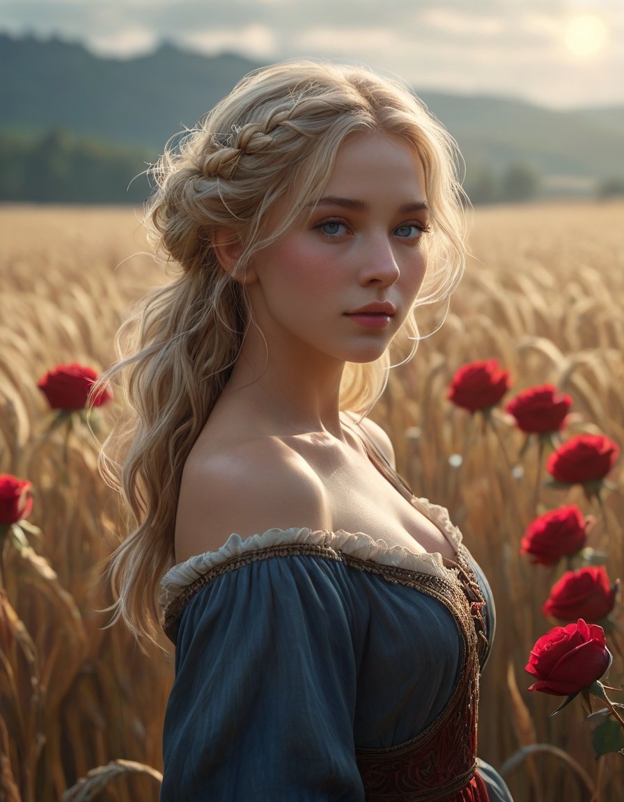 mucha concept art:: women:soft natural volumetric cinematic:: perfect light:white glowing effects:: bright colors,red rose, wheat fields :8k very realistic cinematic lighting:very stylized, blonde hair, blue eyes