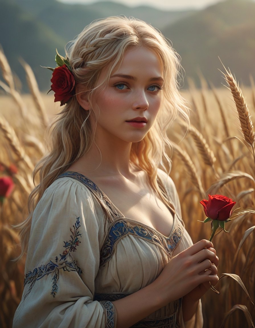 mucha concept art:: women:soft natural volumetric cinematic:: perfect light:white glowing effects:: bright colors,red rose, wheat fields :8k very realistic cinematic lighting:very stylized, blonde hair, blue eyes