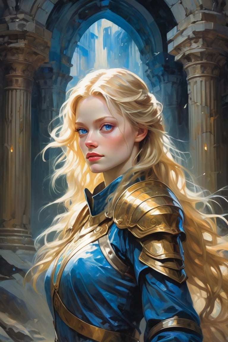 (Fullbody),  Within the crumbling ruins of a once noble kingdom,  a radiant female blonde woman paladin looks like Emilie...