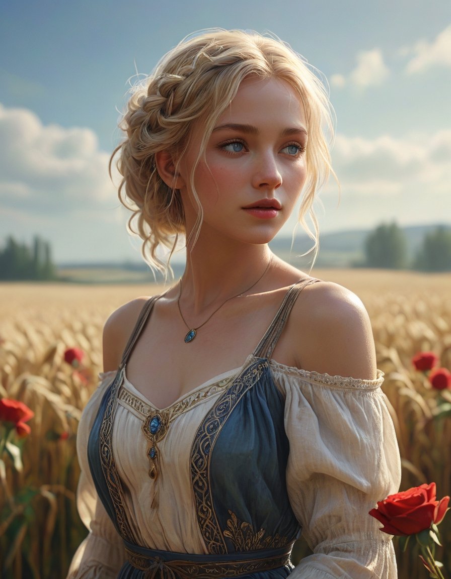 mucha concept art:: women:soft natural volumetric cinematic:: perfect light:white glowing effects:: bright colors,red rose, wheat fields :8k very realistic cinematic lighting:very stylized, blonde hair, blue eyes