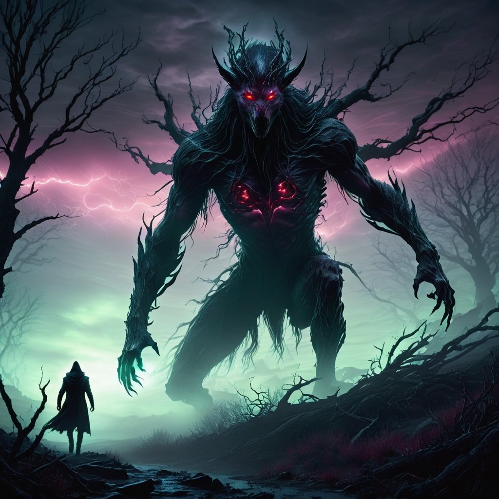 A stunning photorealistic dark fantasy image depicting a skinwalker,  a shape-shifting creature. The skinwalker is shown w...