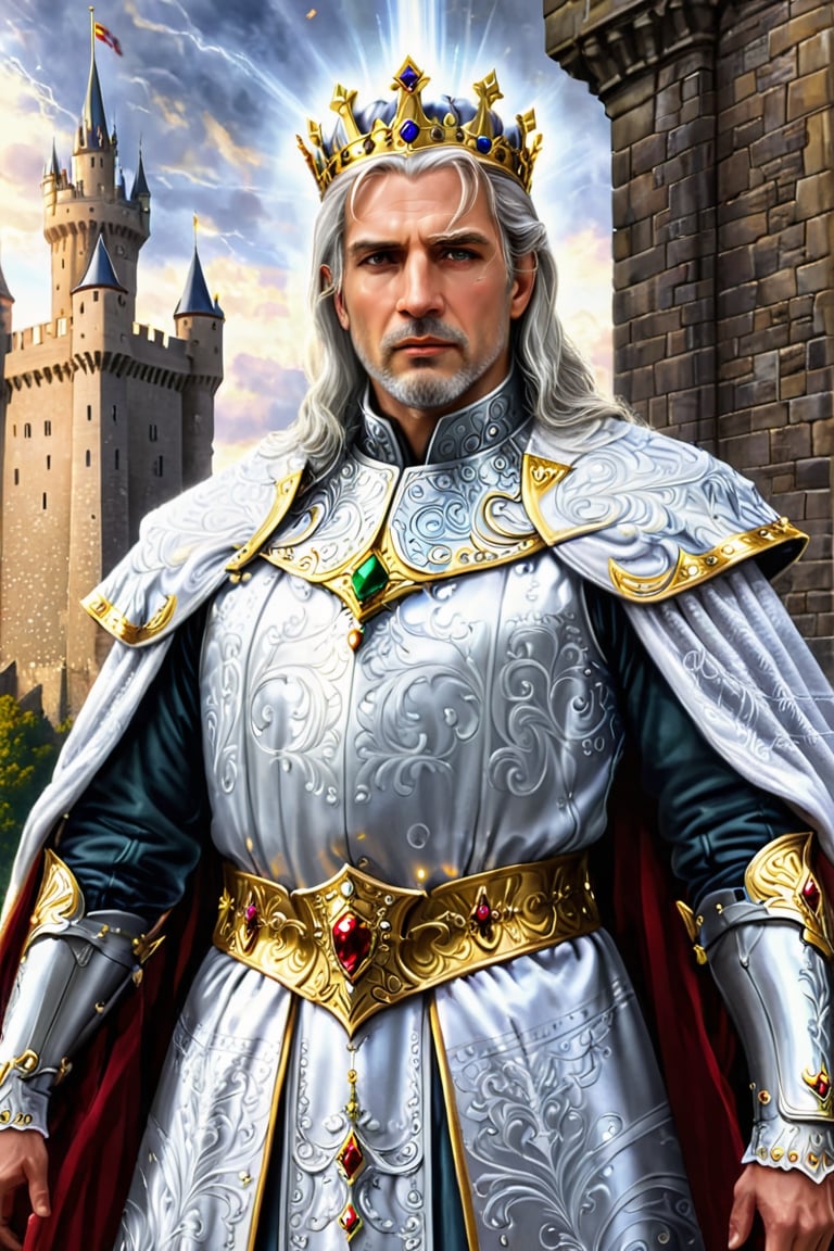 A majestic portrait of a powerful and regal middle-aged king, with white-grey hair and a short beard, adorned in intricate white medieval attire. The king wears a magnificent crown that glimmers with gold and jewels, and his eyes sparkle with wisdom and authority. He stands tall, commanding respect, before a grand castle in the background. The castle is an epic fortress, with towers reaching towards the sky and a drawbridge leading to its entrance. The atmosphere of the scene exudes nobility, strength, and resilience, capturing the essence of a leader who has weathered many storms.